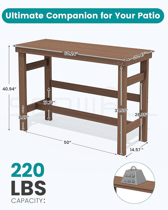 SERWALL 41" Outdoor Bar Table, All Weather HDPE Patio Bar Counter Height Table, Rectangle Patio Bar Table for Outside, Garden, Backyard, Balcony, Poolside, Brown