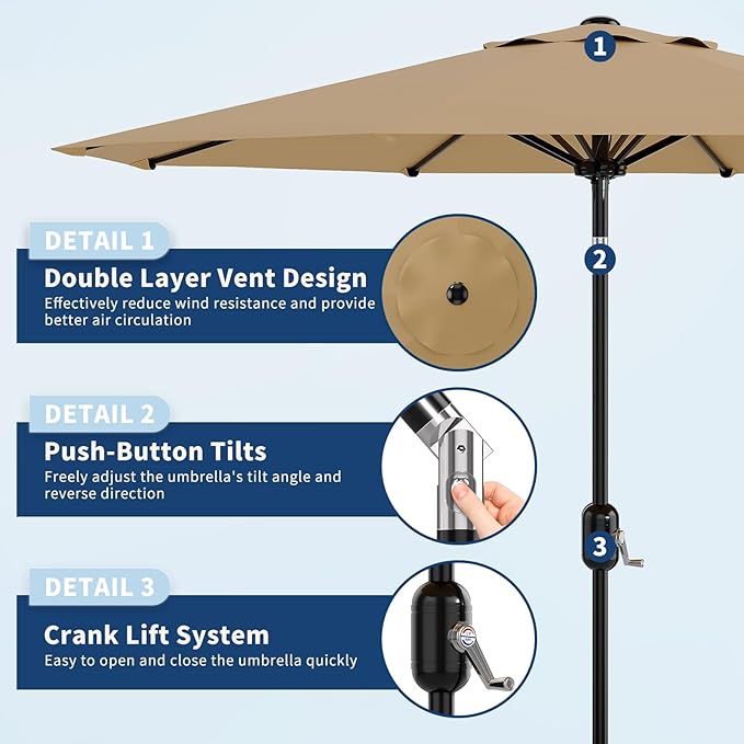 10 ft Patio Umbrella - 8 Sturdy Ribs Outdoor Table Umbrella with Crank Lift & Push Button Tilt - Market Umbrella for Pool, Deck, Yard, Garden - Tan
