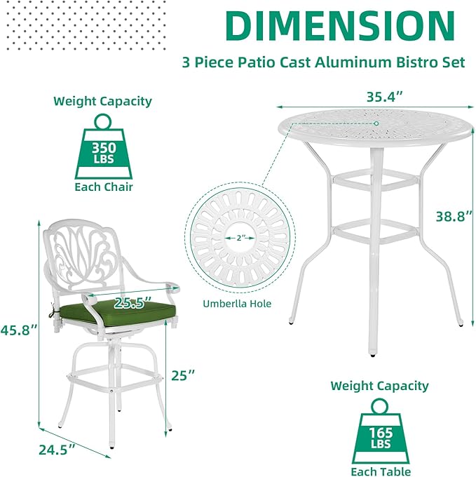 VIVIJASON 3-Piece Patio Swivel Bar Stools Set, All Weather Cast Aluminum Outdoor Bar Height Bistro Set with 2 Cushioned Bar Chairs & 35.4" High Bar Table w/Umbrella Hole for Backyard, Lawn, White