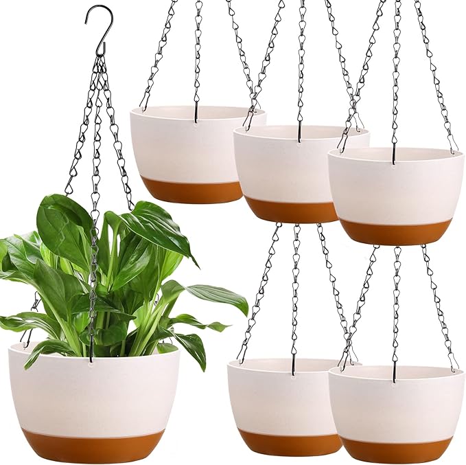 Mumufy 6 Pcs 8 Inch Hanging Planter for Indoor and Outdoor Plants Plastic Hanging Flower Pots with Drainage Hole and Removable Saucer Hanging Plant Holder Plant Hanging Basket (White)