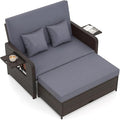 Tangkula Patio Rattan Daybed with 4-Level Adjustable Backrest, Outdoor PE Wicker Loveseat with Storage Ottoman & Folding Side Tray, Double Sunbed Lounger for Balcony, Backyard & Poolside, Grey & Brown