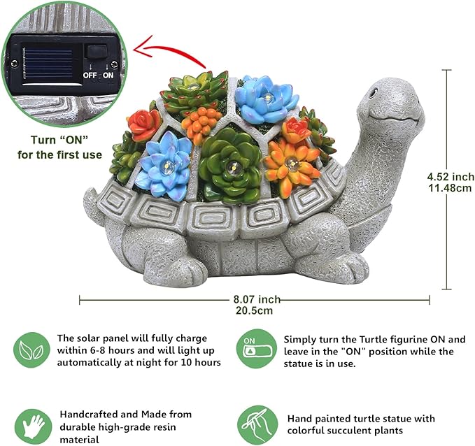 Nacome Solar Garden Outdoor Statues Turtle with Succulent and 7 LED Lights - Lawn Decor Tortoise Statue for Patio, Balcony, Yard Ornament - Chrismtas Gifts for Mom Grandma