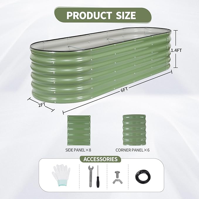 Galvanized Raised Garden Bed - 8x2x1.4FT Metal Planter Boxes Outdoor | Oval Steel Raised Bed Kit for Gardening with Protective Tape, Bracing Rods, Gloves for Vegetables, Flower, Herb (Green)