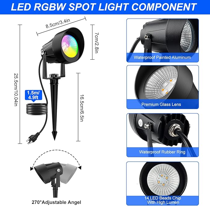 RGB Color Changing Spotlights Outdoor, LED Landscape Lighting with Remote/APP Control, Music Sync & Timing Mode, IP65 Waterproof Outdoor for Yard Garden Pathway Christmas Halloween, 4 Pack