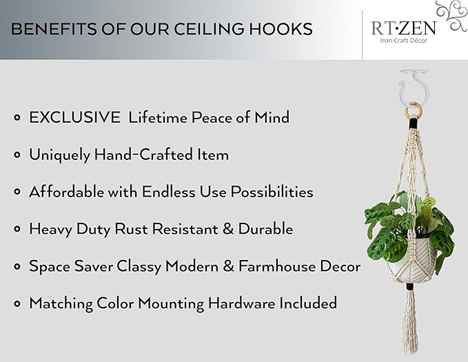 RTZEN Plant Hangers Indoor or Outdoor - Wrought Iron Metal Hanger Indoor Hook - Heavy Duty Wall Bracket Hooks for Hanging Plants Baskets Lanterns Wind Chimes - 2 Pack (Large White Ceiling Hooks)