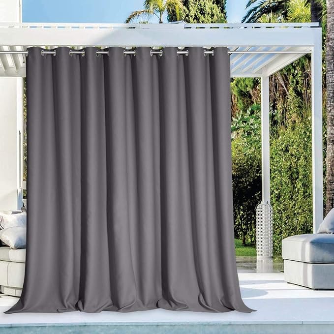 NICETOWN Patio Outdoor Curtain 120" Extra Wide Waterproof for Porch, Grommet Vertical Blinds Thermal Insulated Blackout Divider Drape for Outside Balcony/Lounge, Grey, 1 Panel, 84" Long