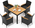 Tangkula 5 Pieces Rattan Outdoor Dining Set for 4, Outdoor Acacia Wood Table Set with 4 Cushioned Wicker Chairs, Umbrella Hole, Patio Dining Furniture Set for Deck Pool Backyard