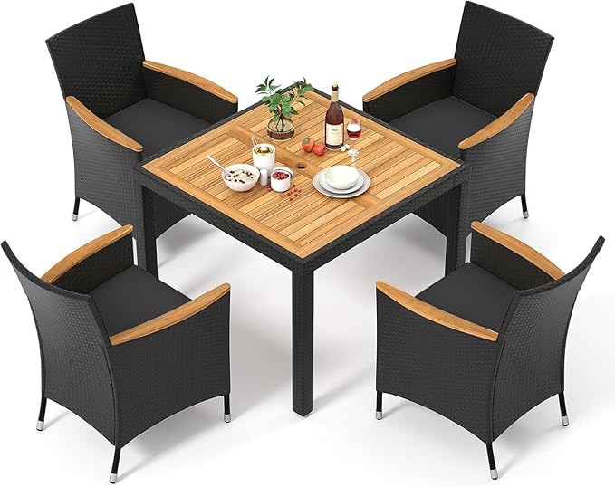 Tangkula 5 Pieces Rattan Outdoor Dining Set for 4, Outdoor Acacia Wood Table Set with 4 Cushioned Wicker Chairs, Umbrella Hole, Patio Dining Furniture Set for Deck Pool Backyard