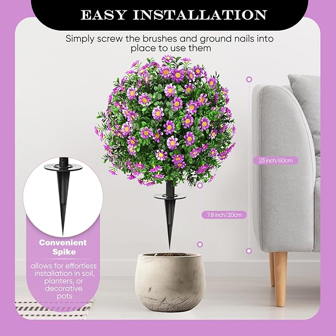 Artificial Topiary Bushes for Outdoors with Spike, Boxwood Ball Fake Shrubs UV Resistant Faux Plants for Indoor Outdoor Fall Thanksgiving Halloween Decor (Sunflower Boxwood Purple -2 Packs)