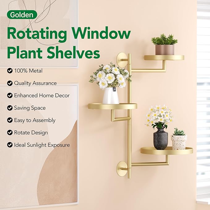 Rotating Window Shelves for Multiple Plants Indoor,3-tier Metal Corner gold Plant Stand Holder Floating Hanger Shelf for Wall，Windows Sill Gifts for Planter Lover to Enhance Home Decor