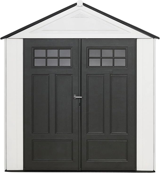 Rubbermaid Resin Outdoor Storage Shed With Floor (7 x 3.5 Ft) Weather Resistant, White, Organization for Home/Backyard/Garden Tools/Lawn Mower/Bike Storage/Pool Supplies
