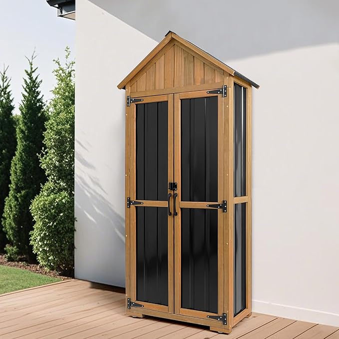 PetsCosset Outdoor Storage Cabinet Waterproof, Outdoor Storage Shed with Shelves, Wood & Metal Patio Backyard Garden Storage Cabinet Tool Organizer for Outside