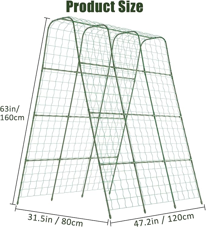 Miory Cucumber Trellis for Raised Beds, 48 x 63 Inch Metal U-Frame Garden Trellis for Climbing Plants Outdoor with Climbing Net, Plant Support for Cucumber Tomato Bean Pea