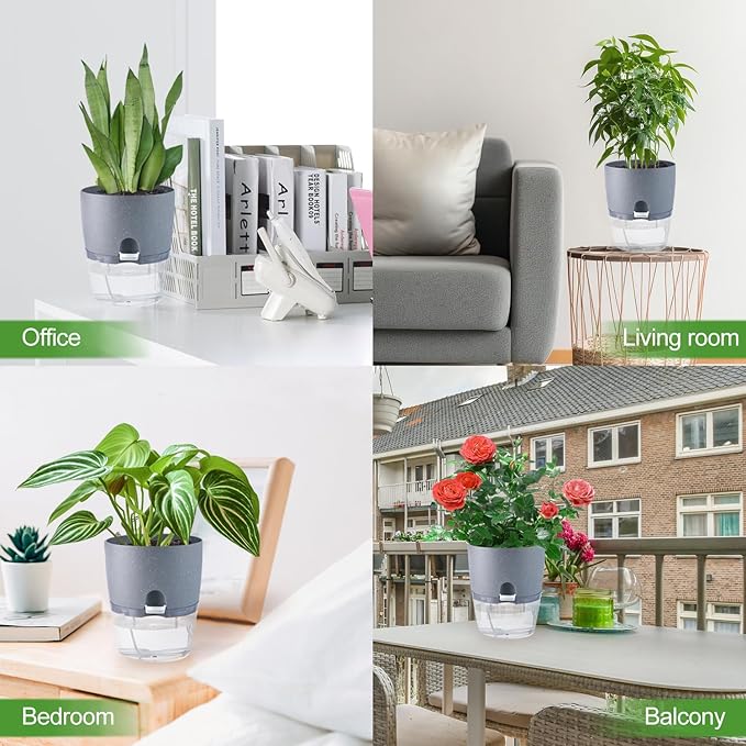 6 Inch Self Watering Pots for Indoor Plants, 6 Pack Grey Plastic Flower Pots with Drainage Holes for African Voilet Herbs All House Plants (Include 1 Spray Bottle)