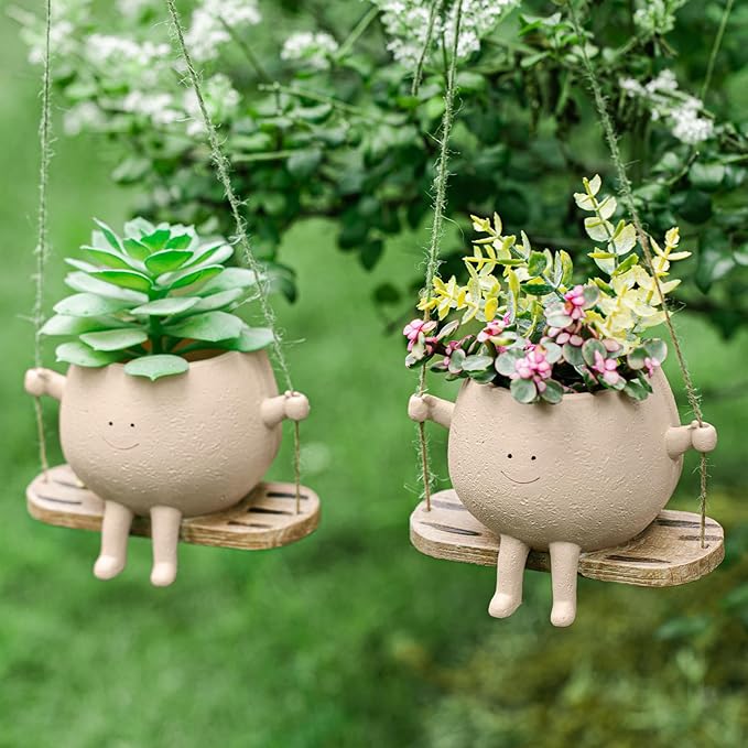 Domensi 2 Pcs Swing Hanging Planter Cute Smile Flower Face Pot Indoor Outdoor Pots for Succulent String of Pearls Plants Plant Ideal Gifts for Christmas Birthday(Swing Spherical,Medium)