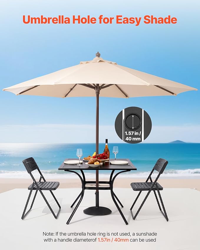 VEVOR Outdoor Patio Dining Table, 37 inch Square Metal Steel Slat Backyard Bistro Tables, with 1.5 in Umbrella Hole, Outside All-Weather Large Furniture for Lawn Garden Porch, Black