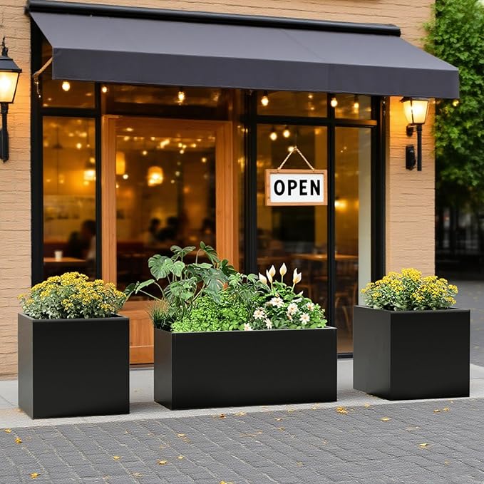 Metal Large Planter Box 20" L x 20" W x 20" H, Heavy Duty Tall Rectangle Outdoor Planter Box with Removable Insert Shelves for Porch, Garden, Patio, Yard (Black)
