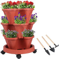 GameXcel Vertical Planter 3 Tier Stackable Planters Garden Planters Strawberry Herb Flower and Vegetable Planter Indoor Outdoor Gardening Pots with Removable Wheels and Tools