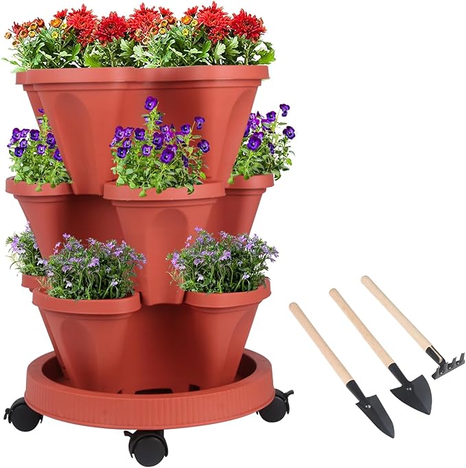 GameXcel Vertical Planter 3 Tier Stackable Planters Garden Planters Strawberry Herb Flower and Vegetable Planter Indoor Outdoor Gardening Pots with Removable Wheels and Tools