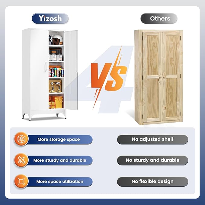 Yizosh Metal Garage Storage Cabinet with 2 Doors and 4 Adjustable Shelves - 71" Steel Lockable File Cabinet,Locking Tool Cabinets for Home,Office,Garage,Gym,School