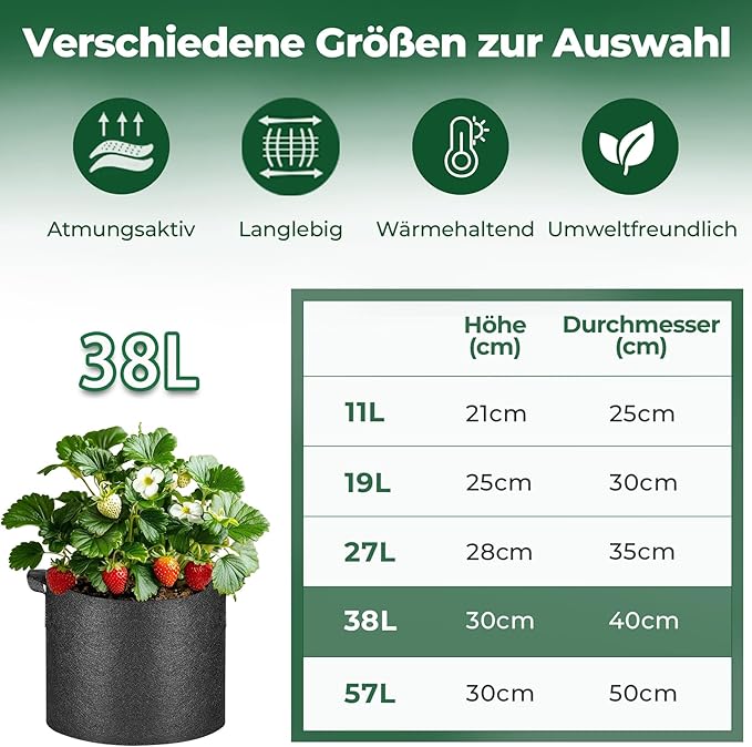 T4U Fabric Plant Grow Bags with Handle 10 Gallon Pack of 5, Heavy Duty Nonwoven Smart Garden Pot Thickened Aeration Nursery Container Black for Outdoor Potato, Tomato, Chili, Carrot and Vegetables