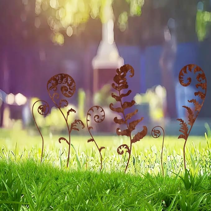 Metal Flowers for Outside,Set of 6 Fern Plants Garden Stakes Decorative Statues,Yard Art Outdoor Plant Decorations for Pots (Brown)