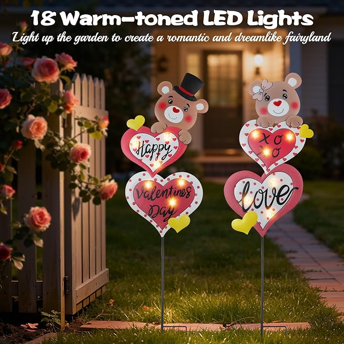 Lewondr 2 Pcs Valentine's Day Decorations Outdoor, Metal Solar Pathway Lights, Love Bear Decorative Garden Stakes Lights with 12 LED Beads, Waterproof Yard Signs for Porch Lawn Wedding Anniversary