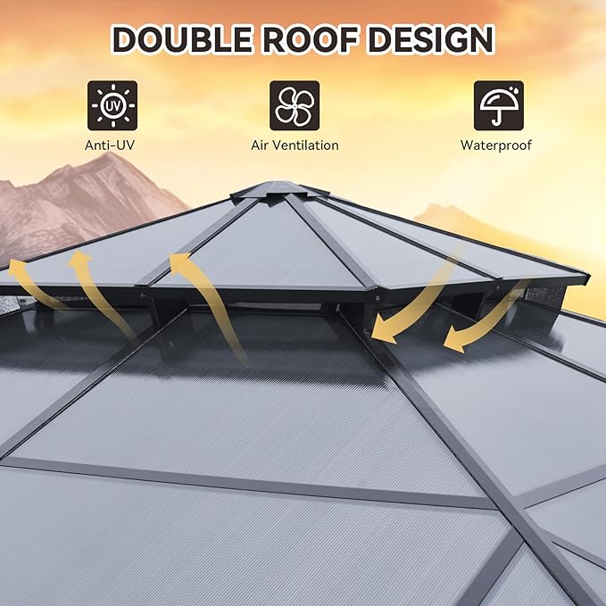 Aoxun 10'x10' Hardtop Gazebo, Outdoor Polycarbonate Double Top Canopy, Aluminum Frame Gazebo with Netting and Curtains, Sunshade for Patios, Gardens, Lawns, Gray