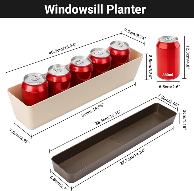 GREANER Window Boxes, 1 Pack 16 x3.8 Inch Indoor Rectangle Planter, Herb Succulent Cactus Window Box with Saucer, Modern Plastic Plant Pot for Windowsill, Garden Balcony, Home Office Outdoor Decor