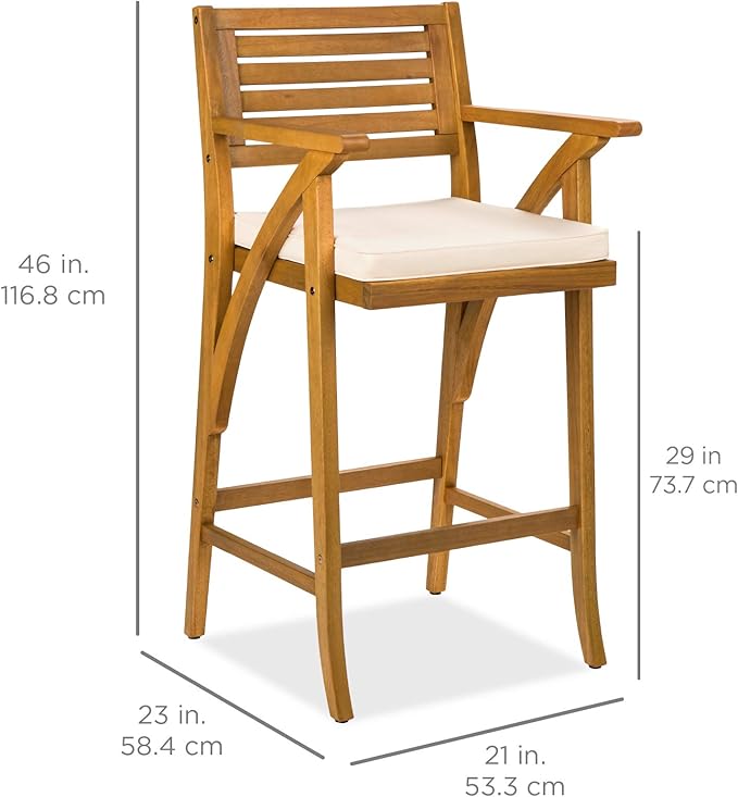 Best Choice Products Set of 2 Outdoor Acacia Wood Bar Stools Bar Chairs for Patio, Pool, Garden w/Weather-Resistant Cushions - Cream