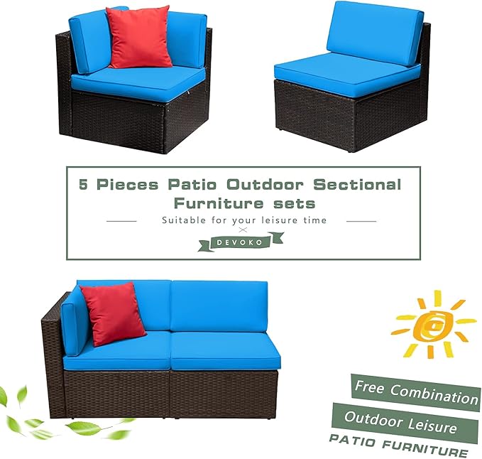 Devoko 2 Pieces Patio Furniture Sofa Sets Outdoor All Weather Sectional Corner Sofa and Armless Sofa (Blue)