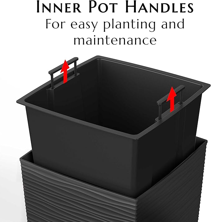 Mueller Janska M-Resin Heavy Duty Tall Planter, Indoor/Outdoor Grande Plant, Tree, Flower Pot, 2-Piece Set, 24”, Modern Design, Built-in Drainage, Dark Gray