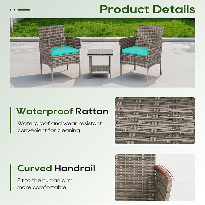 FDW | 3-Piece Patio Furniture Set | Gray & Blue | Outdoor Wicker Furniture with Coffee Table | Modern Rattan Chairs Conversation Set | Outdoor Seating | Weather-Resistant | for Porch, Garden, Lawn