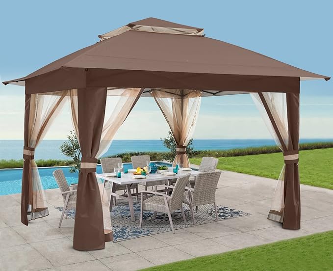 COOSHADE 13x13 Pop Up Gazebo Tent Outdoor Canopy Patio Shelter with Mosquito Netting(Brown)