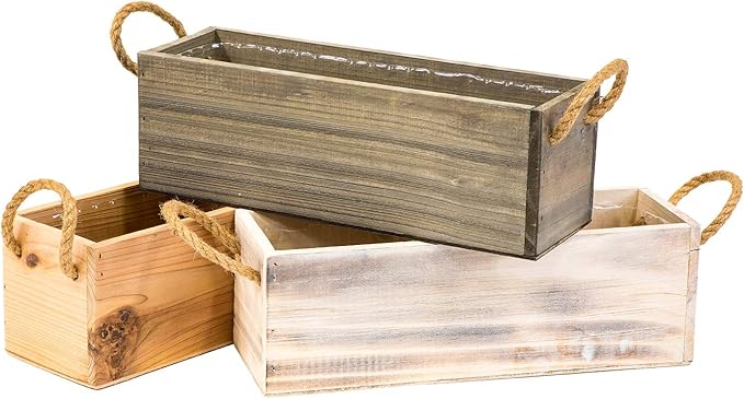 Wooden Planter Box with Handle I Rustic Whitewash I Plastic Liner l Garden Decor l Restaurant and Wedding Decorations l Table Centerpiece (12x4 w Handle Set of 4, Whitewash)