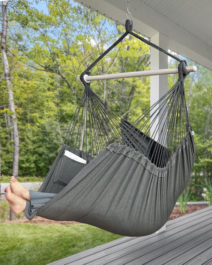 XXL Hammock Chair Hanging Rope Swing with 2 Cushions - Max 500lbs-Perfect for Patio, Porch, Bedroom, Backyard, Indoor or Outdoor - Includes Hanging Hardware Kits