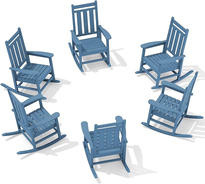 KINGYES Oversized Outdoor Rocking Chair Set of 6, All-Weather Patio Rocking Chairs for Porch, HDPE Outdoor Patio Rockers with High Back & Wide Seat for Garden, Lawn, Blue