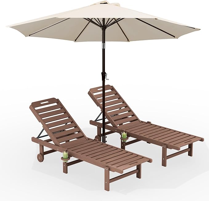 SERWALL Outdoor Chaise Lounge Set of 2 with 9FT Umbrella, HDPE Pool Lounge Chair with 5-Position Adjustable Backrest, Patio Lounger with Rolling Wheels & Cup Holder for Pool, Brown