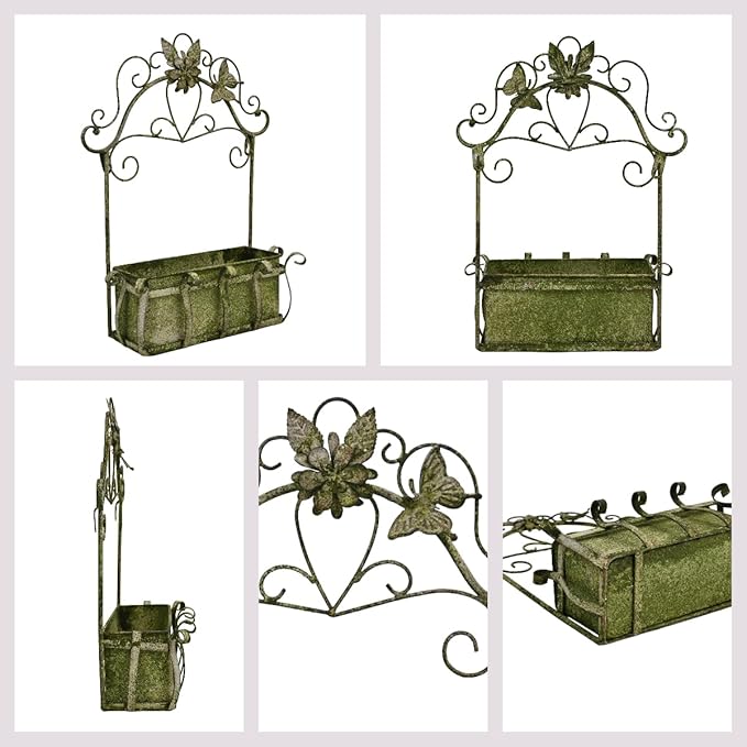 Rustic Metal Wall Planter Vintage Wall Mounted Flower Pot Farmhouse Distressed Wall Hanging Plant Basket with Floral & Butterfly Decor for Indoor Outdoor Garden Home Yard (Green#2)