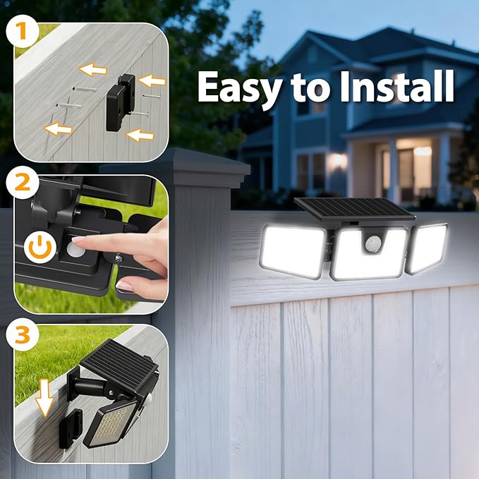 INCX Solar Lights Outdoor Waterproof, 3000 LM 156 LED Motion Sensor Outdoor Lights, 3 Heads Solar Powered Security Flood Light Motion Detected Spotlight for Patio Garage Yard Entryways, 2 Pack Black