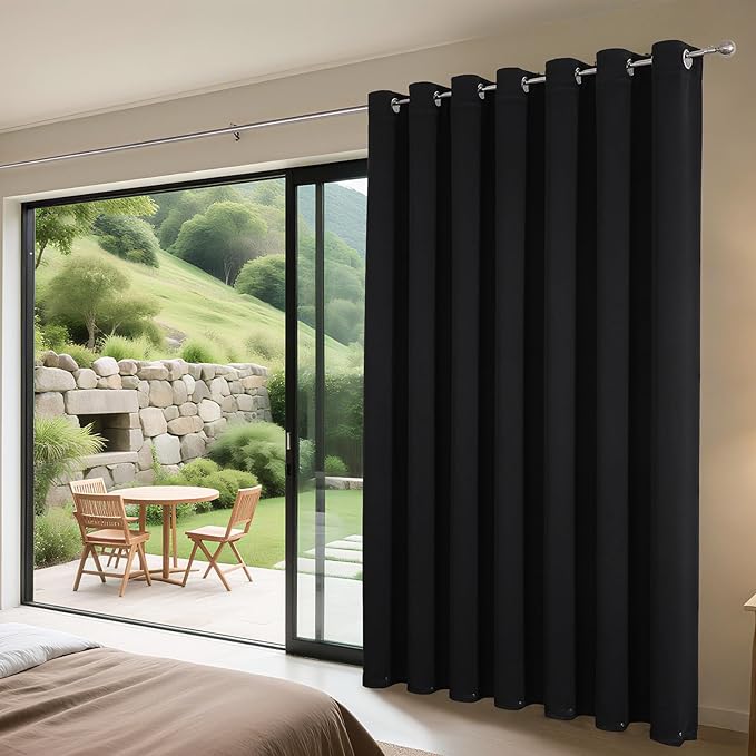 Joydeco Blackout Patio Sliding Door Curtains 90 Inches Long, Grommet Privacy Room Divider Curtains, Extra Wide Thermal Blackout Drapes for Bedroom Living Room (Black, 60Wx90L, 1 Panel)