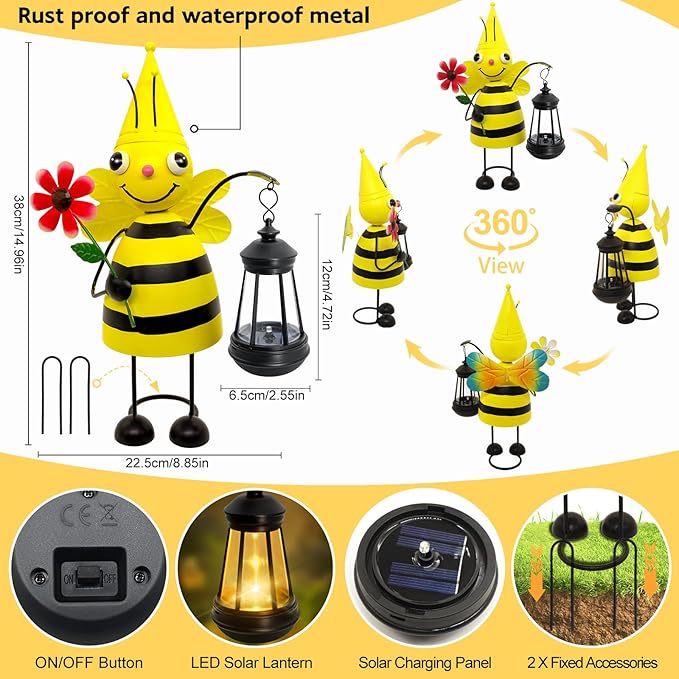 Garden Decor Bee Solar Statues,Unique Garden Statues Bee with Solar Lantern Waterproof, Birthday Gifts for Women Mom Grandma, Front Patio Balcony Yard Art Lawn Ornaments Porch Outdoor Decoration