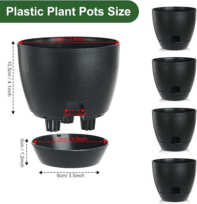 Self Watering Pots Set, 5 Pack 6 Inch Self Watering Pots for Indoor Outdoor Plants, Plastic Planter with Drainage Holes and Deep Reservoir for African Violet, Spider, Orchid