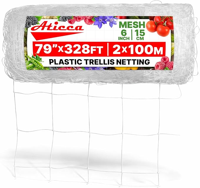 Plastic Trellis Netting 79" x 328 ft Heavy Duty Plant Support Netting White - 6 Inch Garden Trellis on Roll - Mesh for Growing Vine Climbing Plants, Flowers, Peas, and Cucumber