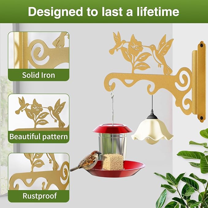 Elegant Bird Pattern Wall Hooks - 10/12/14 Inch Metal Plant Hangers for Indoor & Outdoor - Rust-Resistant Bracket for Plants, Feeders, Chimes, Lanterns (4, White, 10 inch)