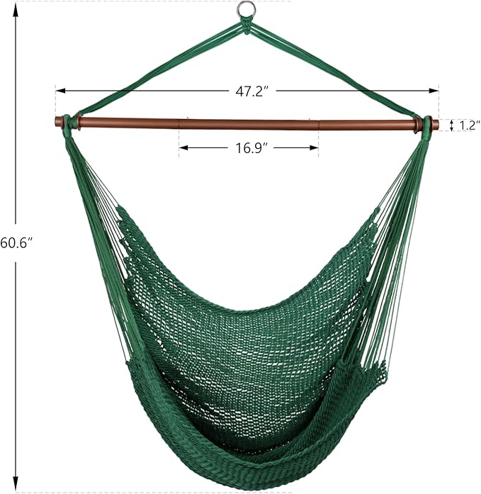 Upgraded Caribbean Hammock Chair with Detachable Metal Bar, Large Hammock Swing Chair, XL Rope Hanging Chair for Outdoor Indoor, 330 LBS Weight Capacity, ForestGreen
