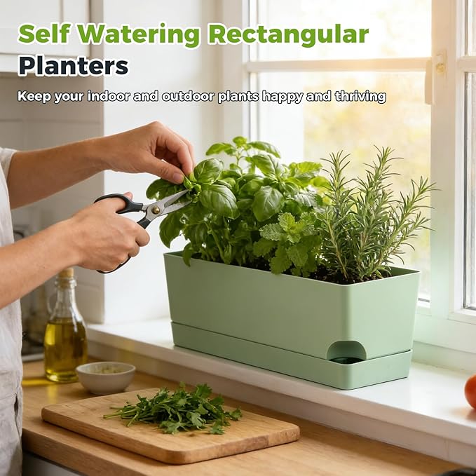 2 Pack Self Watering Pots for Indoor Plants 17 Inches Window Boxes Planters Rectangular Flower Pots Rectangle Herb Pots Large Plant Pots with Drainage Holes and Saucers Windowsill Planter, Green