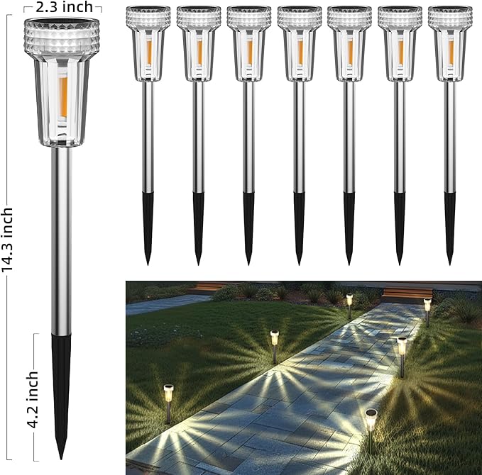 DERAYSION 12 Pack Solar Pathway Lights Outdoor, Auto Dusk-to-Dawn Landscape Garden Lighting, Waterproof Stainless Steel Pole Lighting for Path, Yard, Walkway, Garden, Driveway