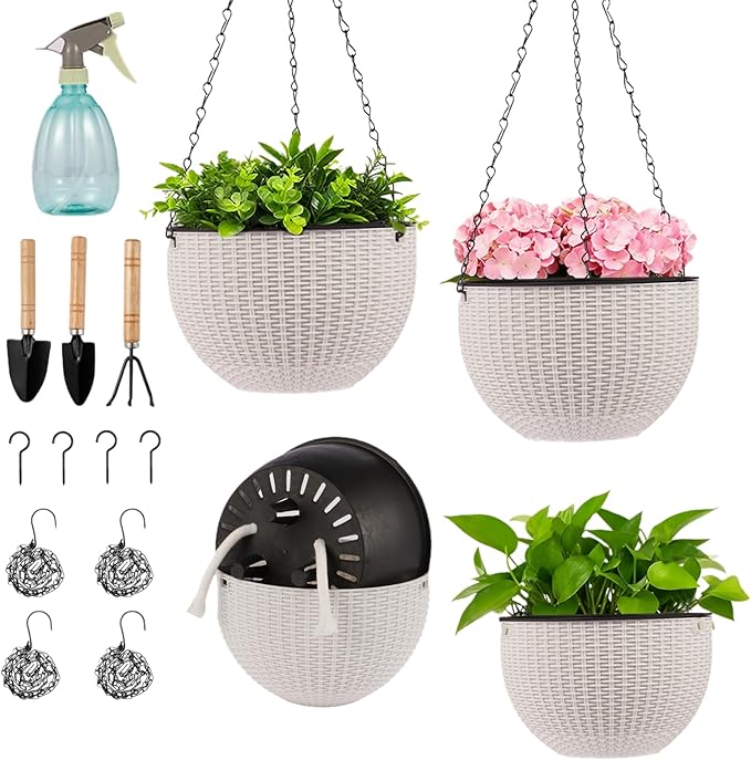 4 Sets of 8.2 Inch Self Watering Hanging Planter Flower Pots, Suitable for Indoor and Outdoor Plant Flower, Basket Flower Pots with Hanging Chains, Spray Bottles, Planting Tools, Hook (White)