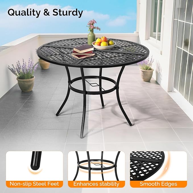 VINGLI 42" Round Outdoor Dining Table - Patio Metal Table with 1.97" Umbrella Hole, Iron Garden Table for Deck Porch Backyard, Black
